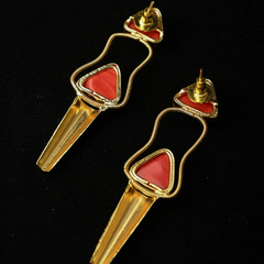 Coral Geometric Gold Tapered Drop Earrings
