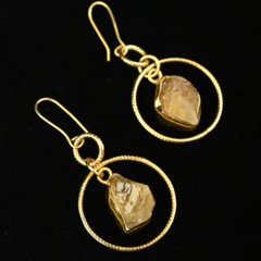 Gold Tone Natural Stone Citrine Pyrite Drop Earrings