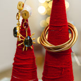 Gold Plated Drop Earrings With Black Monalisa Stone