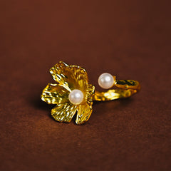 Gold Plated Flower Pearl Statement Ring