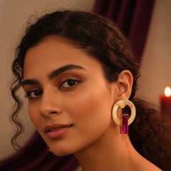 Gold Plated Circular MOP Earrings with Pink Stone