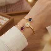 Celestial Trio Gold Finish Agate Handcuff Bracelet