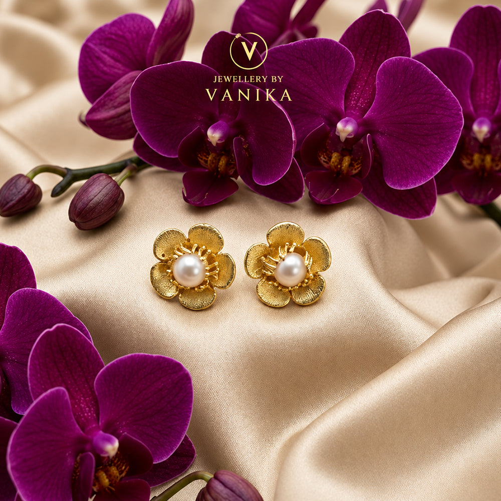Floral Pearl Gold Studs Earrings