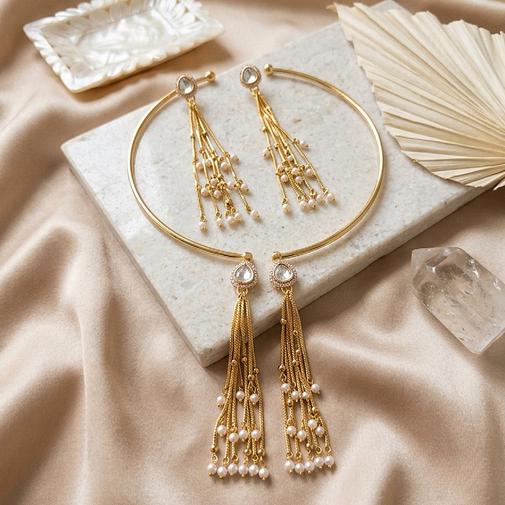 Gold Pearl Chain Necklace & Earring Set