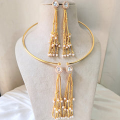 Gold Pearl Chain Necklace & Earring Set