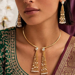 Gold Pearl Chain Necklace & Earring Set