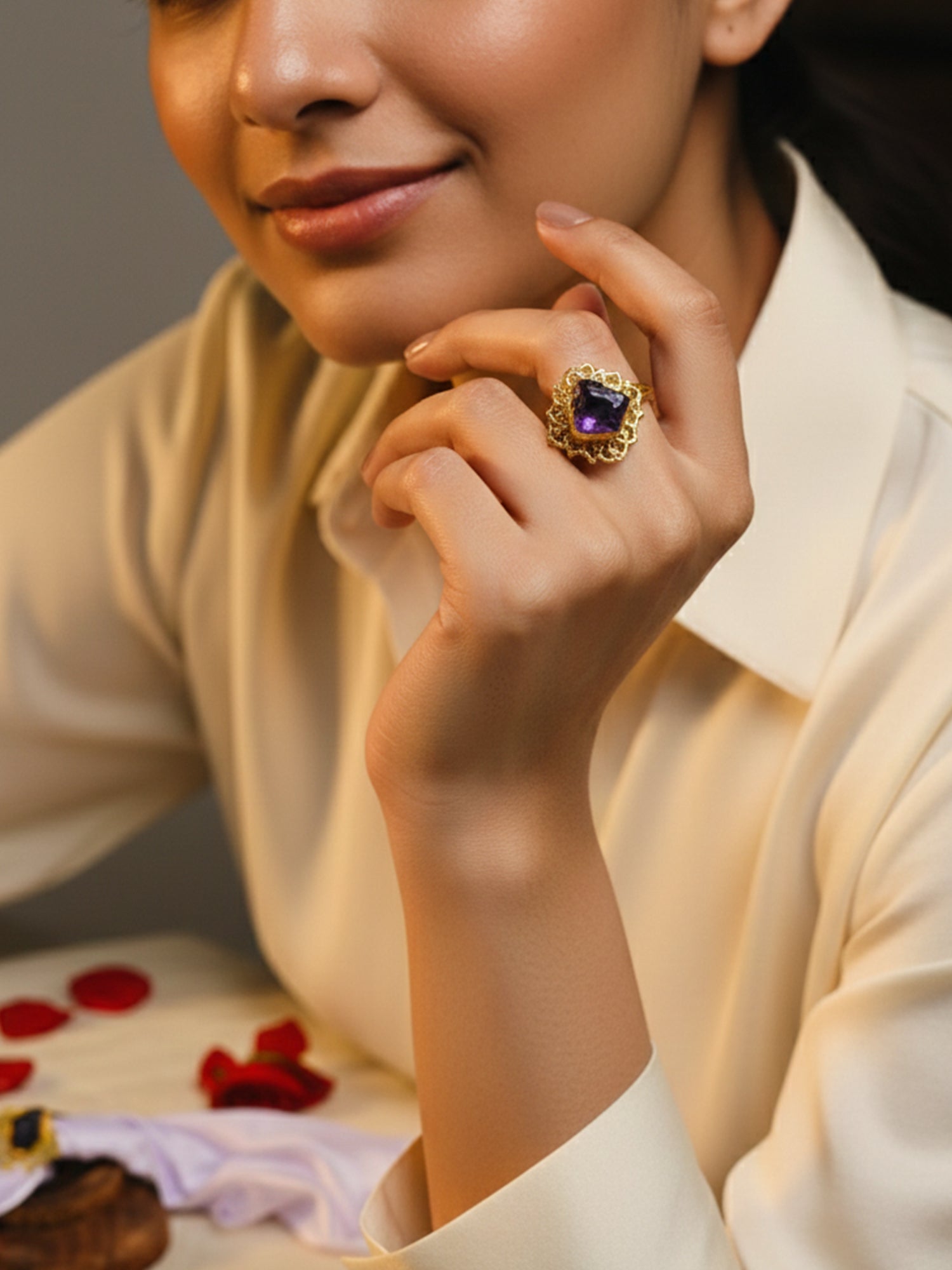 Gold Plated Brass Handcrafted Natural Stone Ring