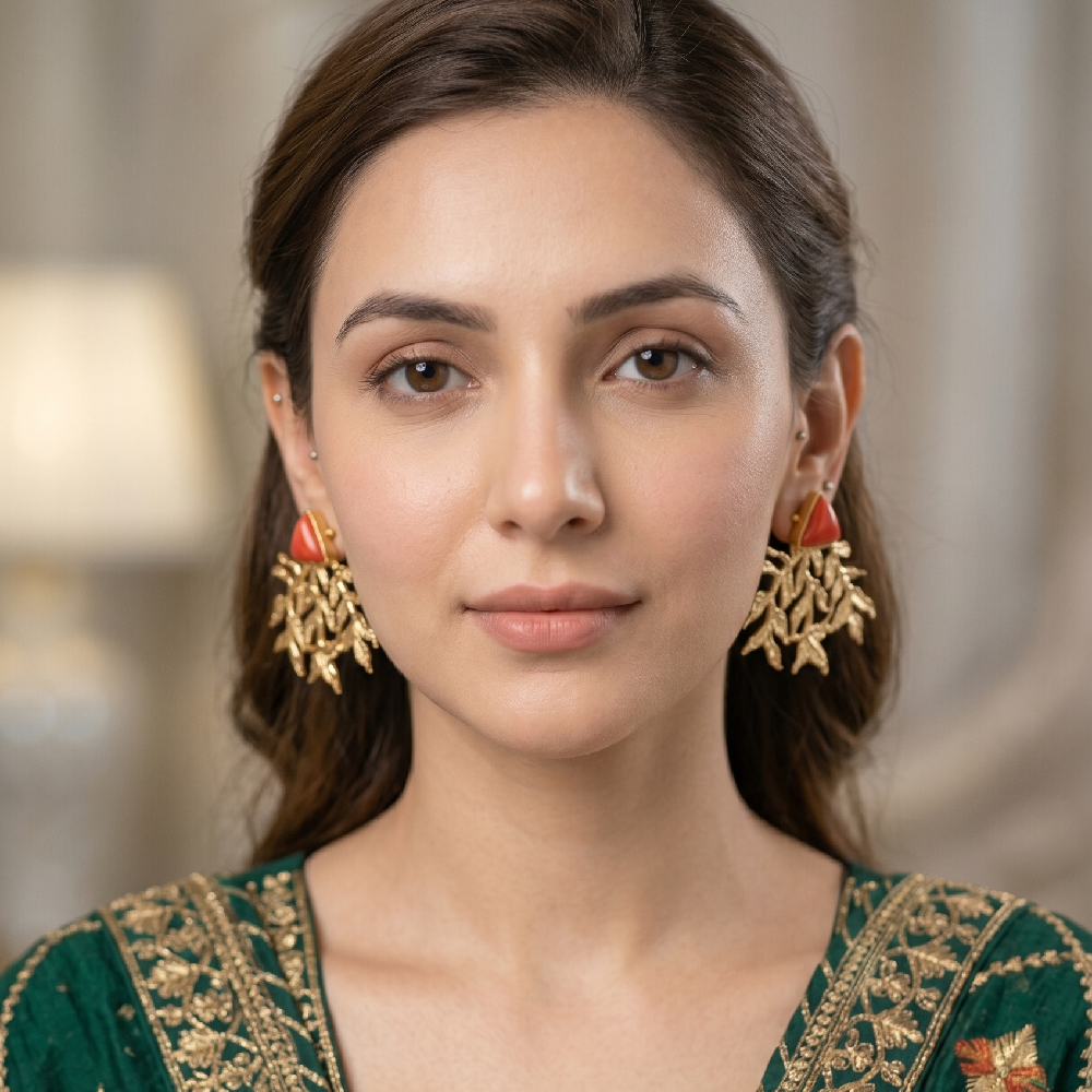 Coral Triangle & Gold Leaf Statement Earrings