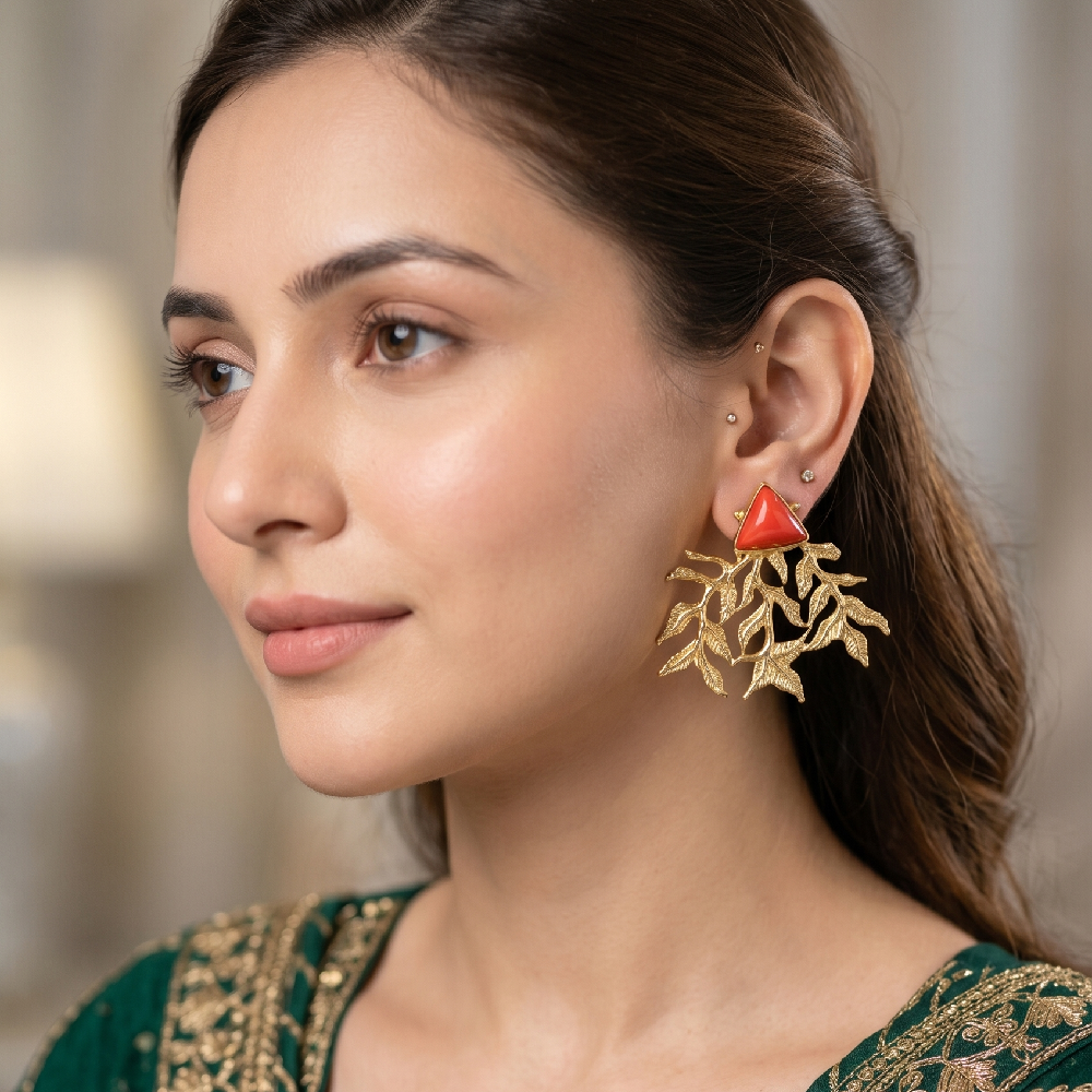 Coral Triangle & Gold Leaf Statement Earrings