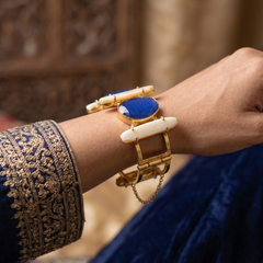 Royal Blue Monalisa & Mother of Pearl Adjustable Gold-Tone Handcuff Bracelet