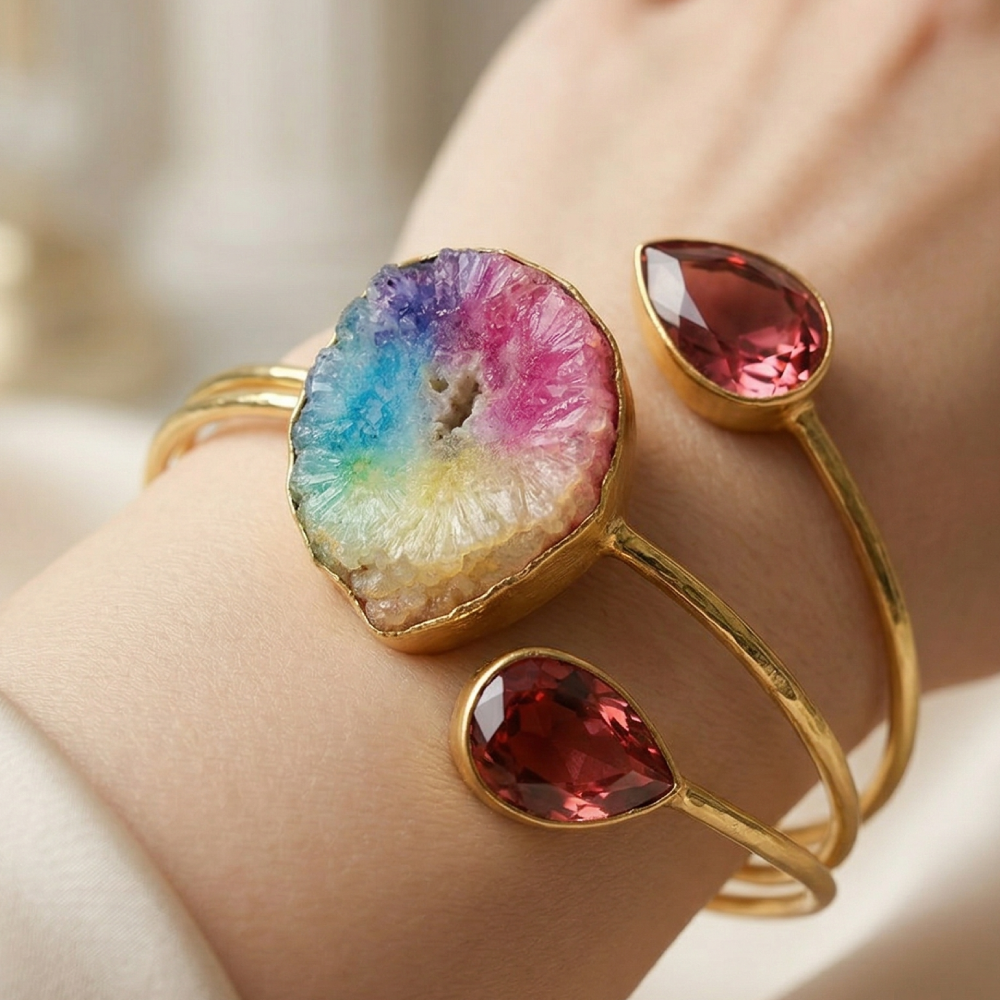 Rainbow Solar Agate Statement Handcuff Bracelet