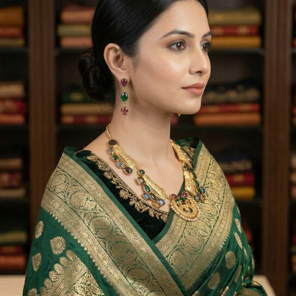 Peacock Motif Multicolor Stones Necklace Set