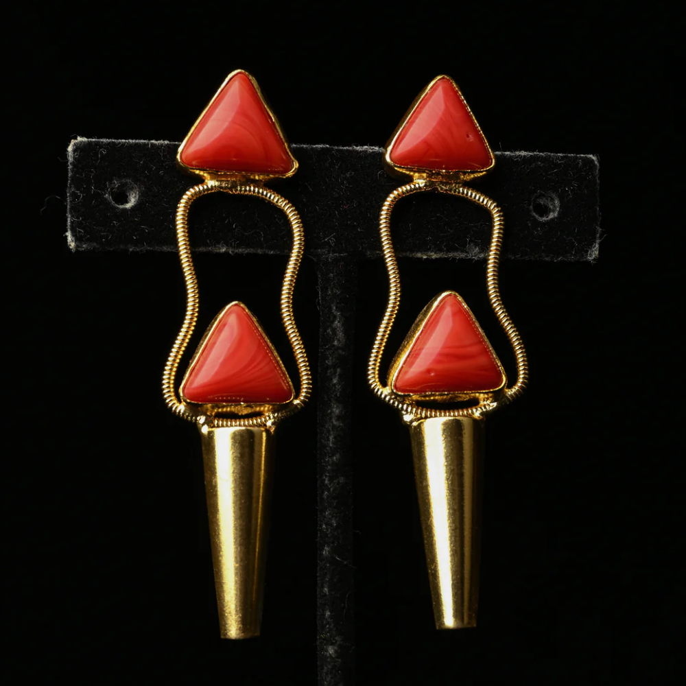 Coral Geometric Gold Tapered Drop Earrings