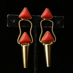 Coral Geometric Gold Tapered Drop Earrings