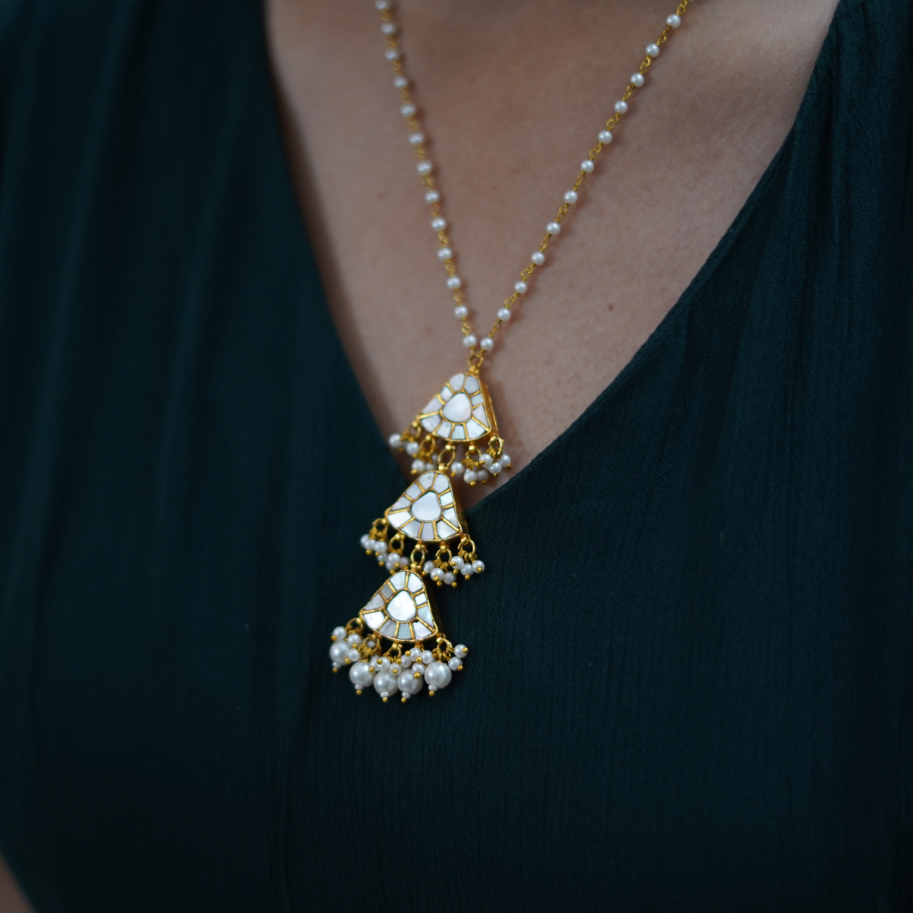 Bridal 3-Tier MOP Kundan Pendant Necklace