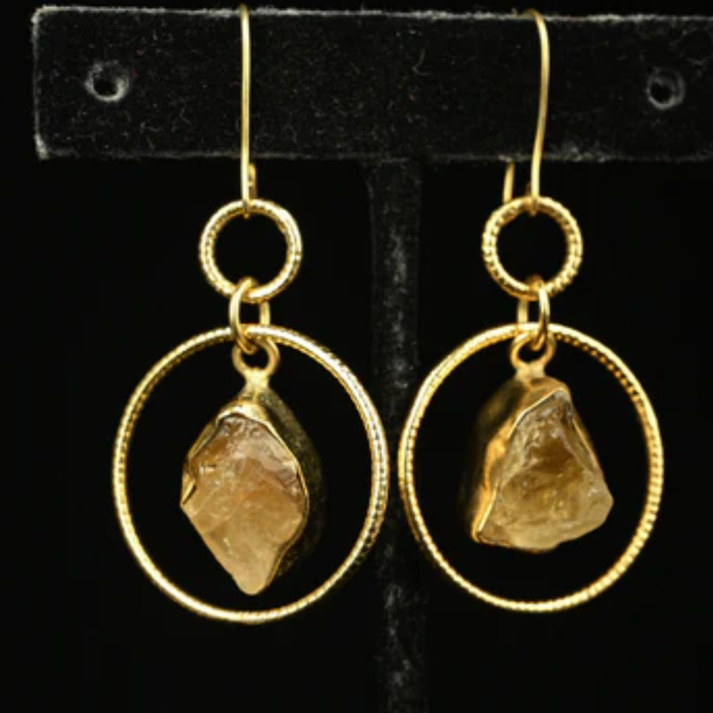 Gold Tone Natural Stone Citrine Pyrite Drop Earrings
