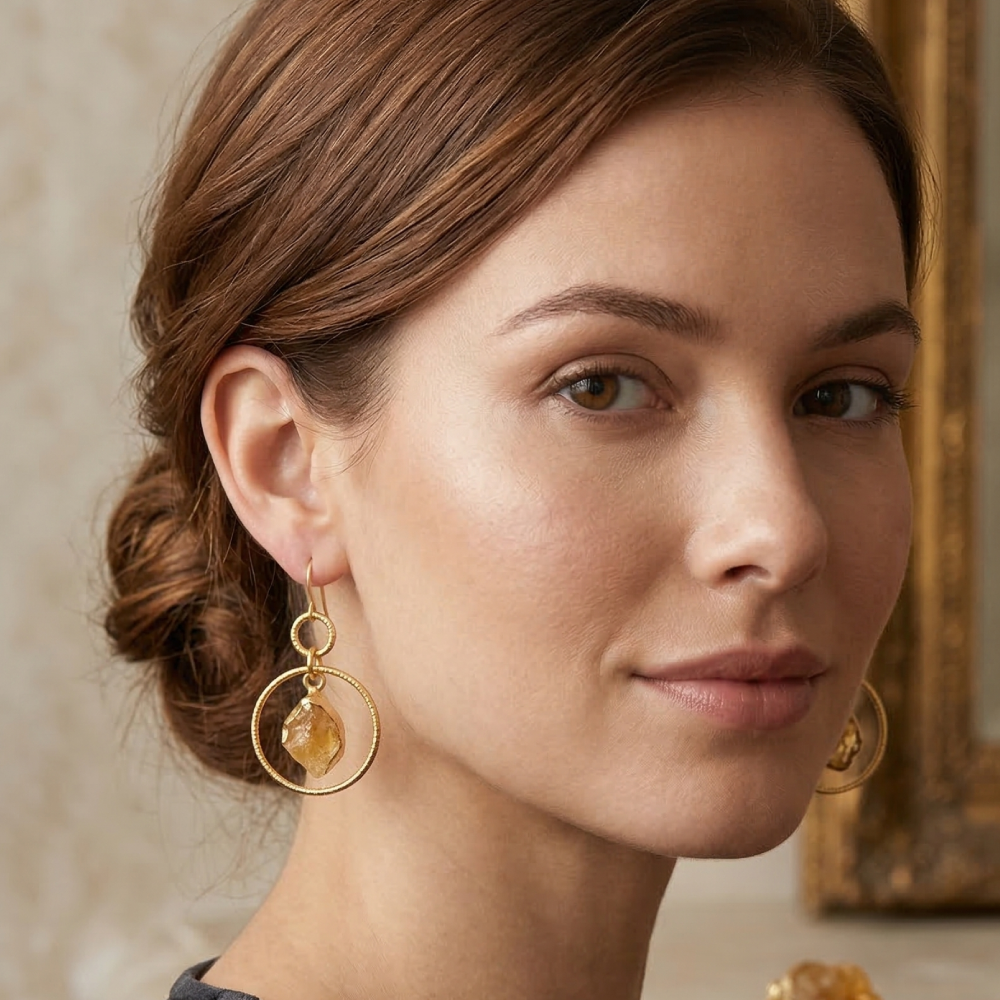 Gold Tone Natural Stone Citrine Pyrite Drop Earrings