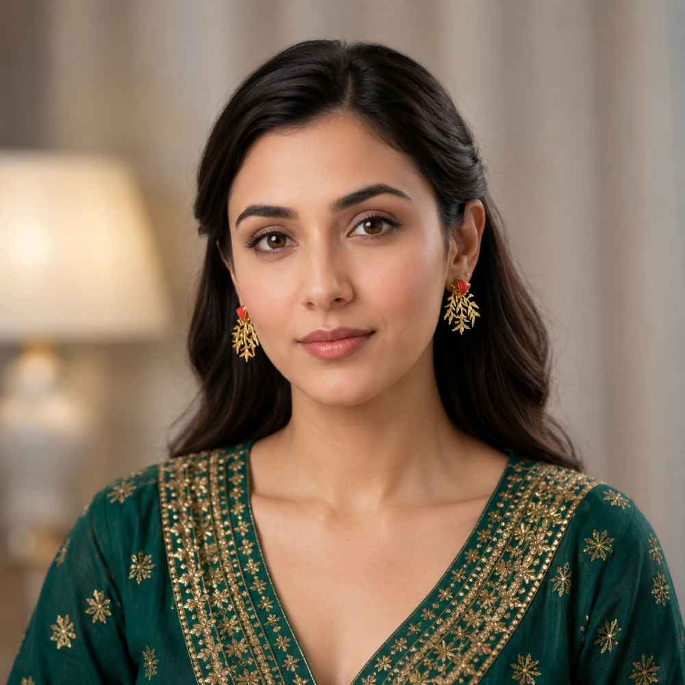 Coral Triangle & Gold Leaf Statement Earrings
