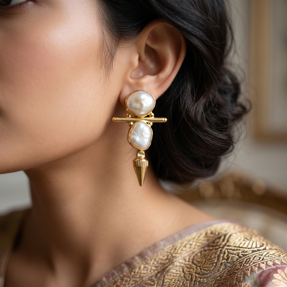 Baroque Pearl Sculptural Drop Earrings in Gold Tone