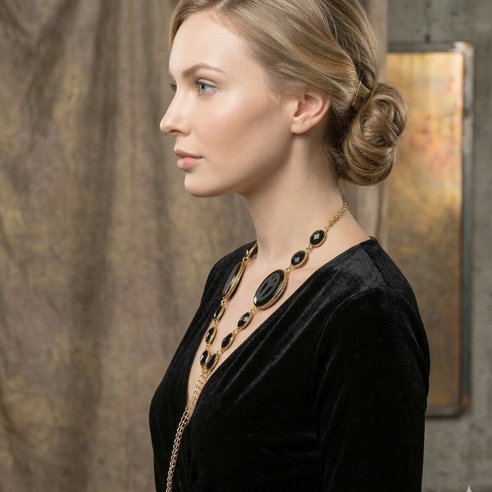 Black Onyx & Glass Gemstone Necktie Necklace