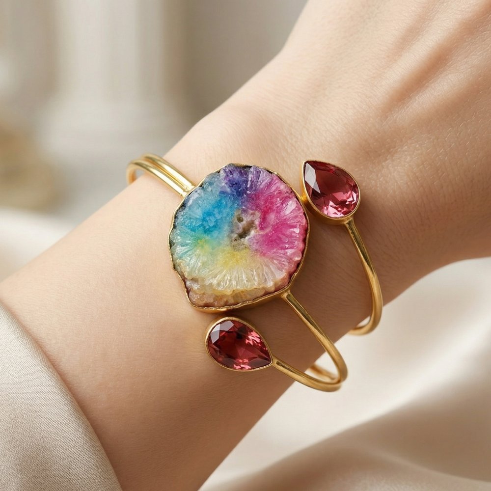 Rainbow Solar Agate Statement Handcuff Bracelet