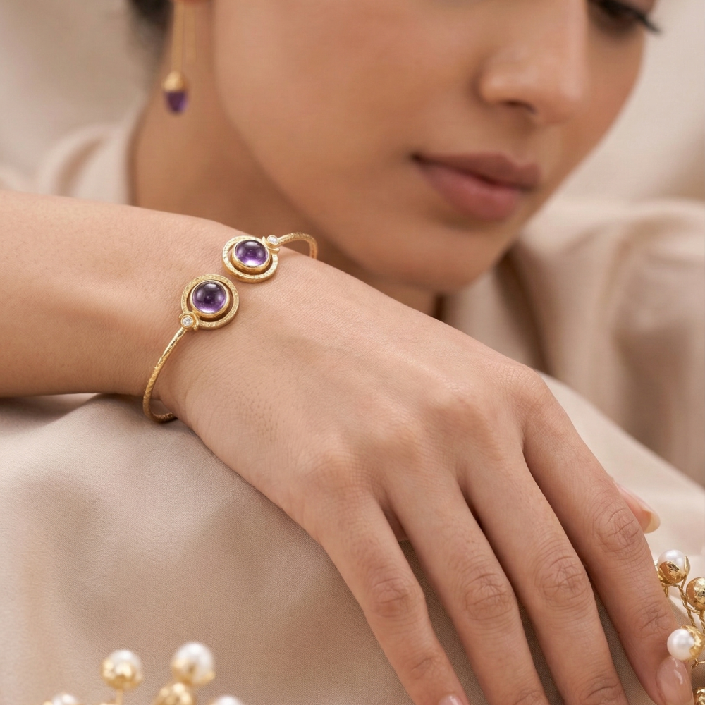 Amethyst Dual Stone Gold Handcuff Bracelet