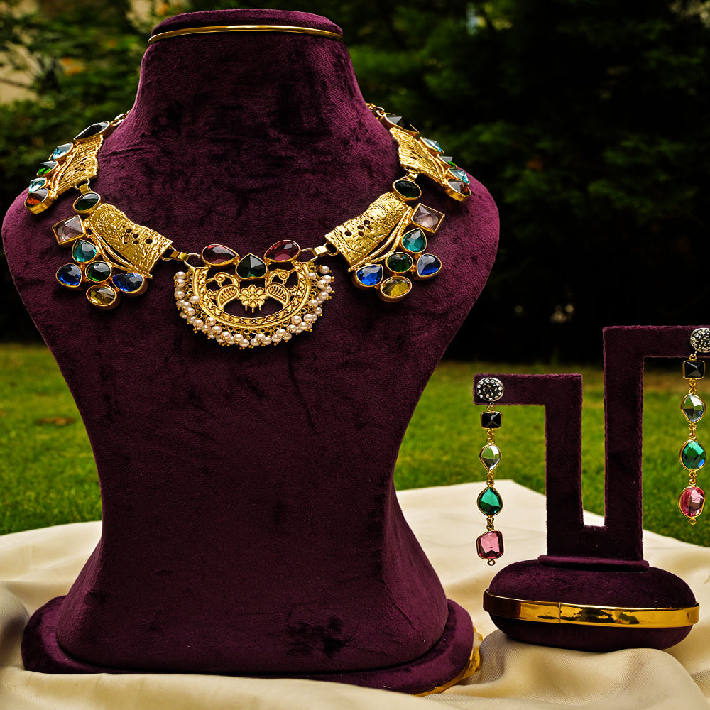 Peacock Motif Multicolor Stones Necklace Set