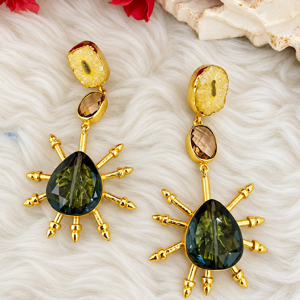 Gold Plated Drop Earrings With Black Monalisa Stone