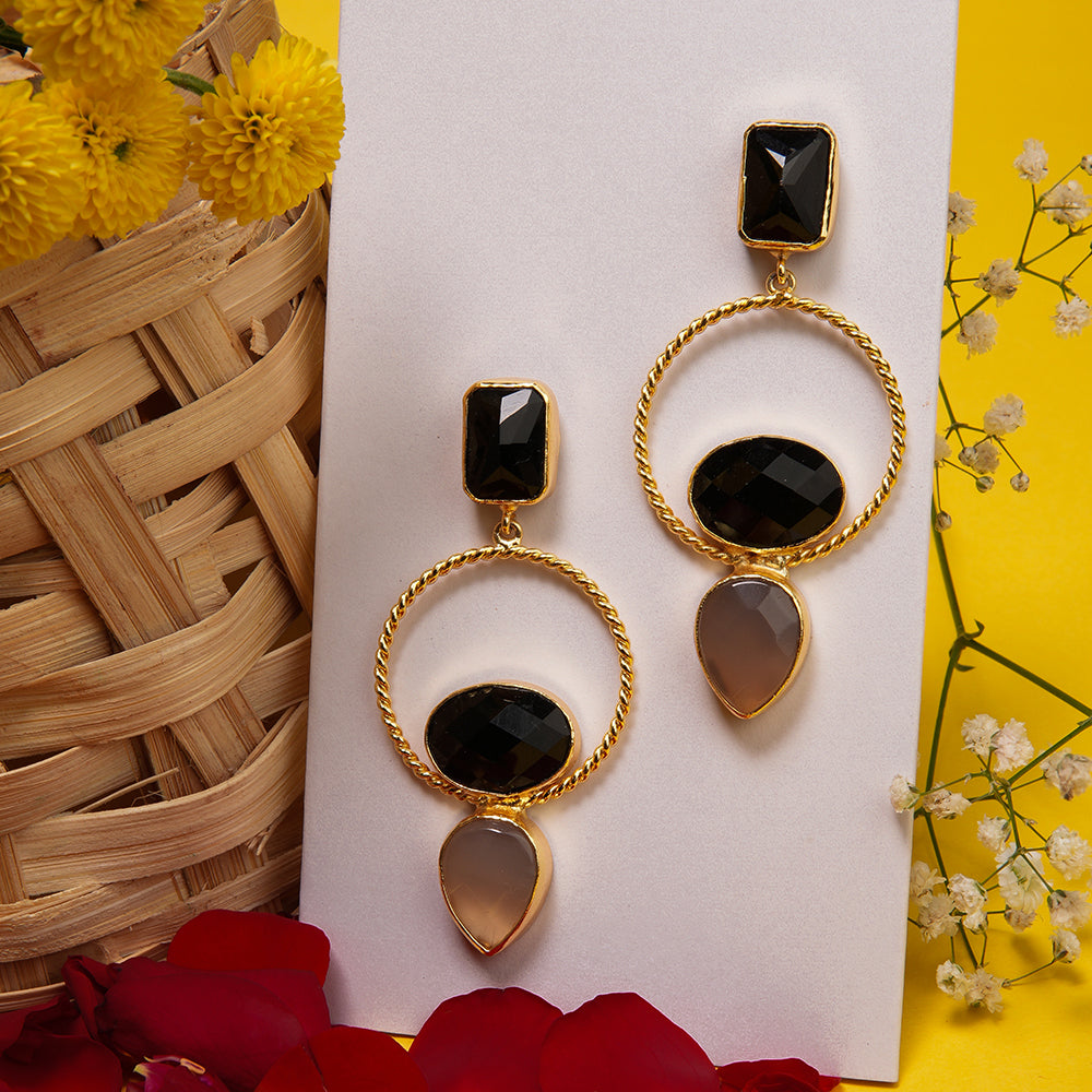 Gold Plated Earrings with Black Onyx Stone