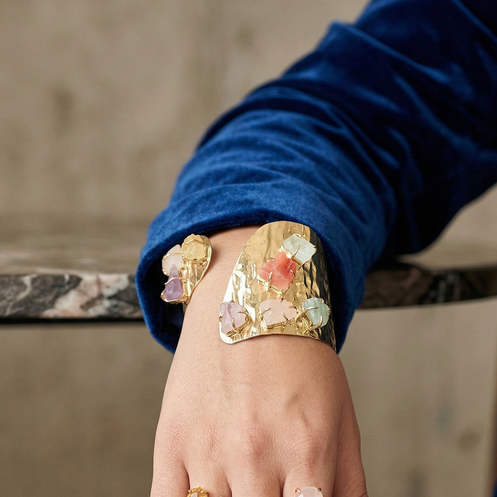 Gold Plated Brass Cuff Natural Stone Bracelet