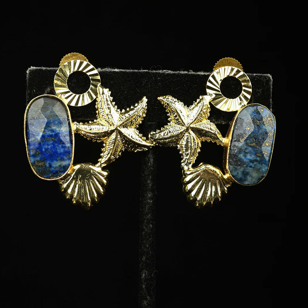 Gold-Toned Lapis Lazuli Starfish Statement Earrings