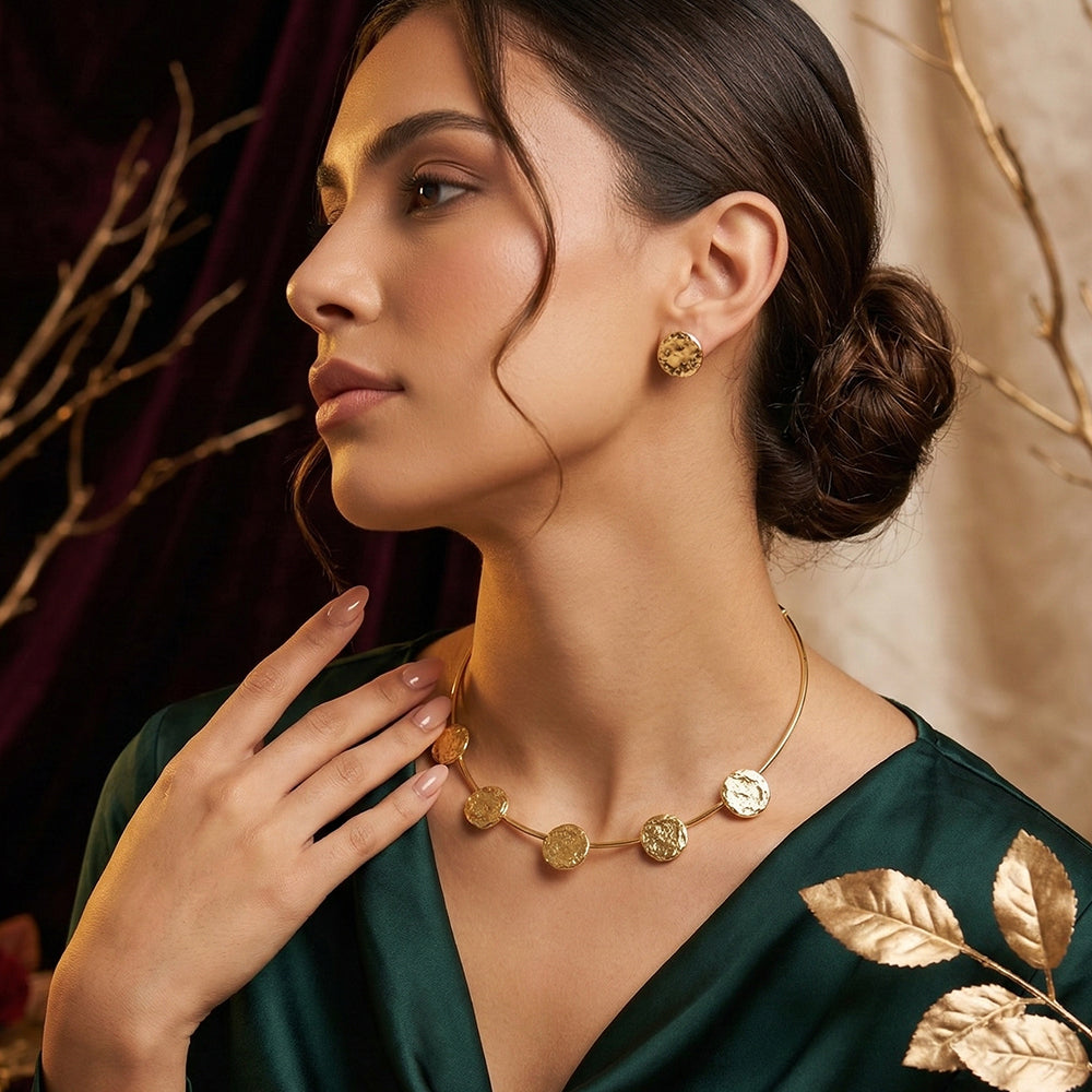 Minimalist Brass Hammered Necklace Earring Set