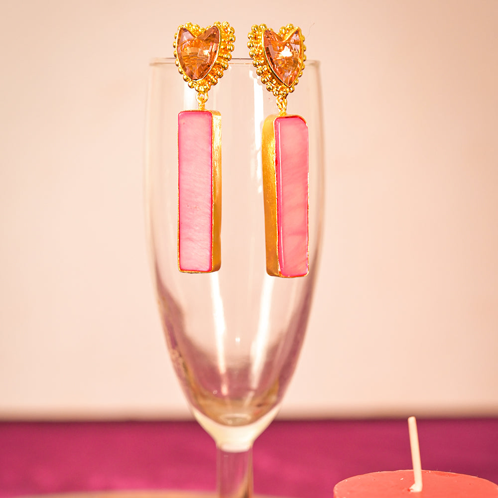 Golden Heart Drop Earrings with Pink MOP