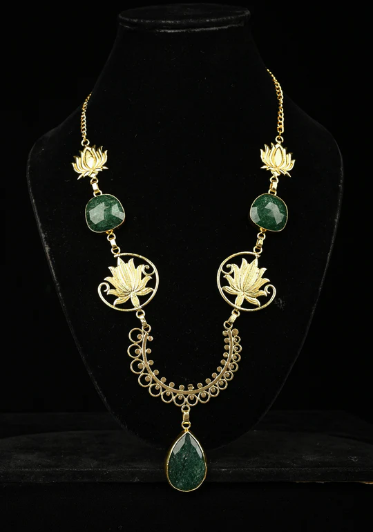 Emerald Green Lotus Motif Statement Necklace Set