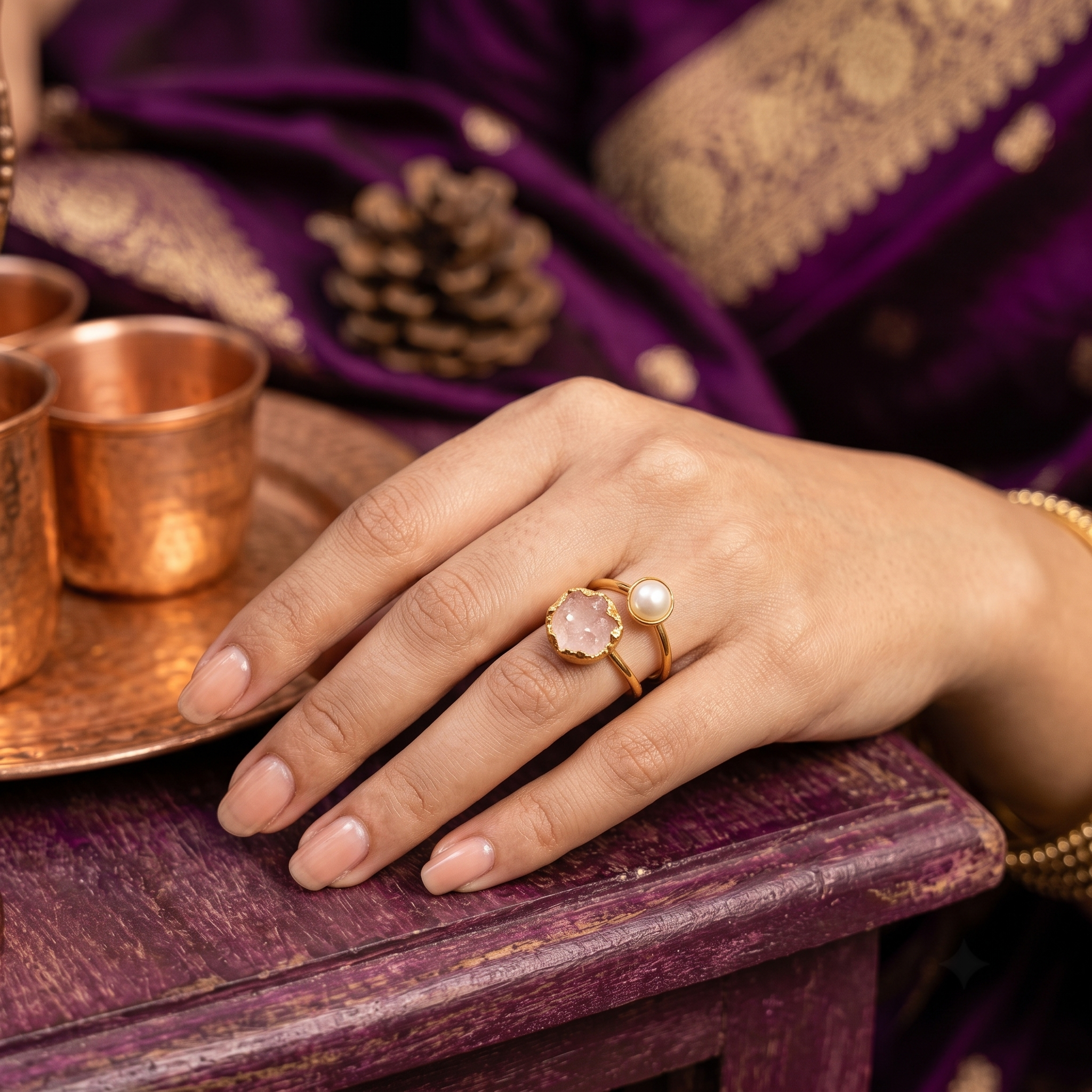 Gold Plated Rose Quartz & Pearl Statement Ring