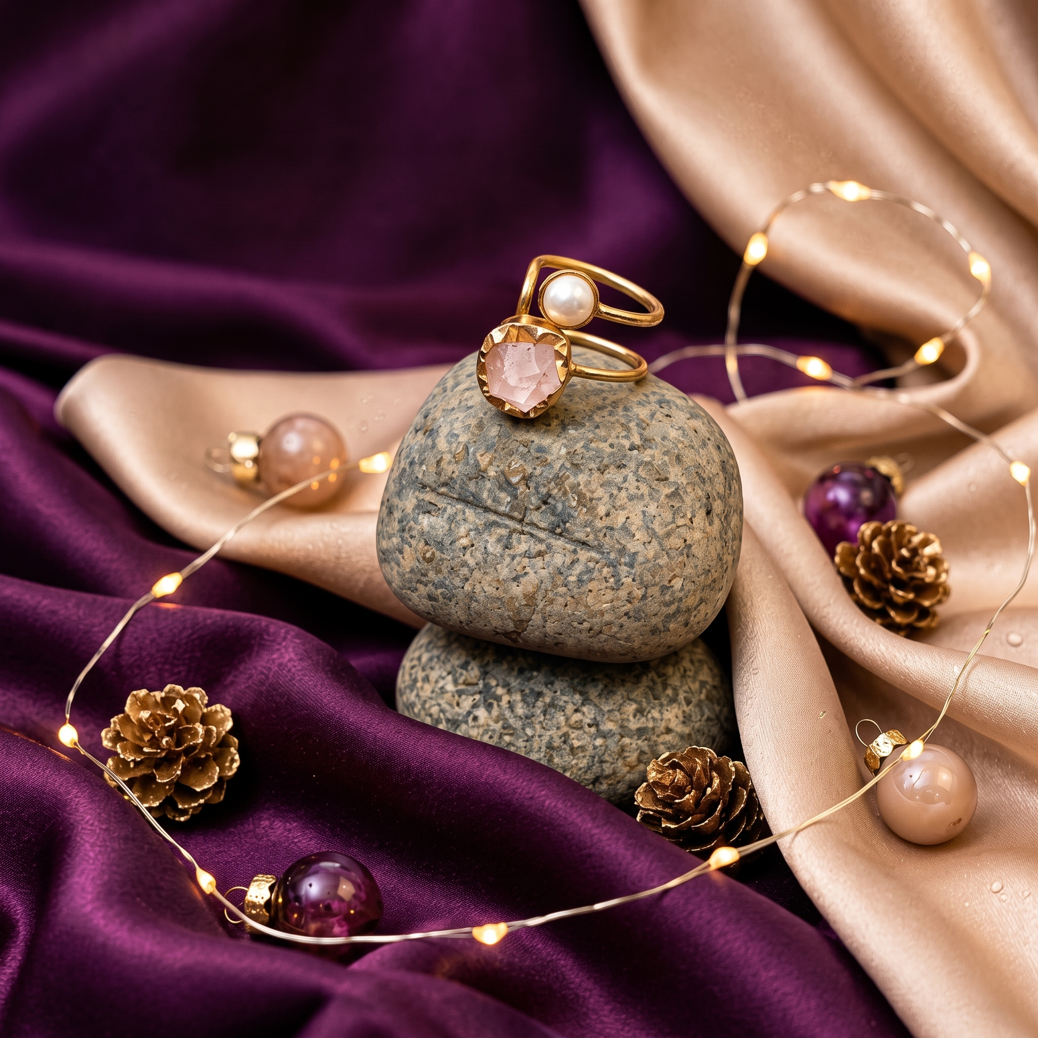 Gold Plated Rose Quartz & Pearl Statement Ring